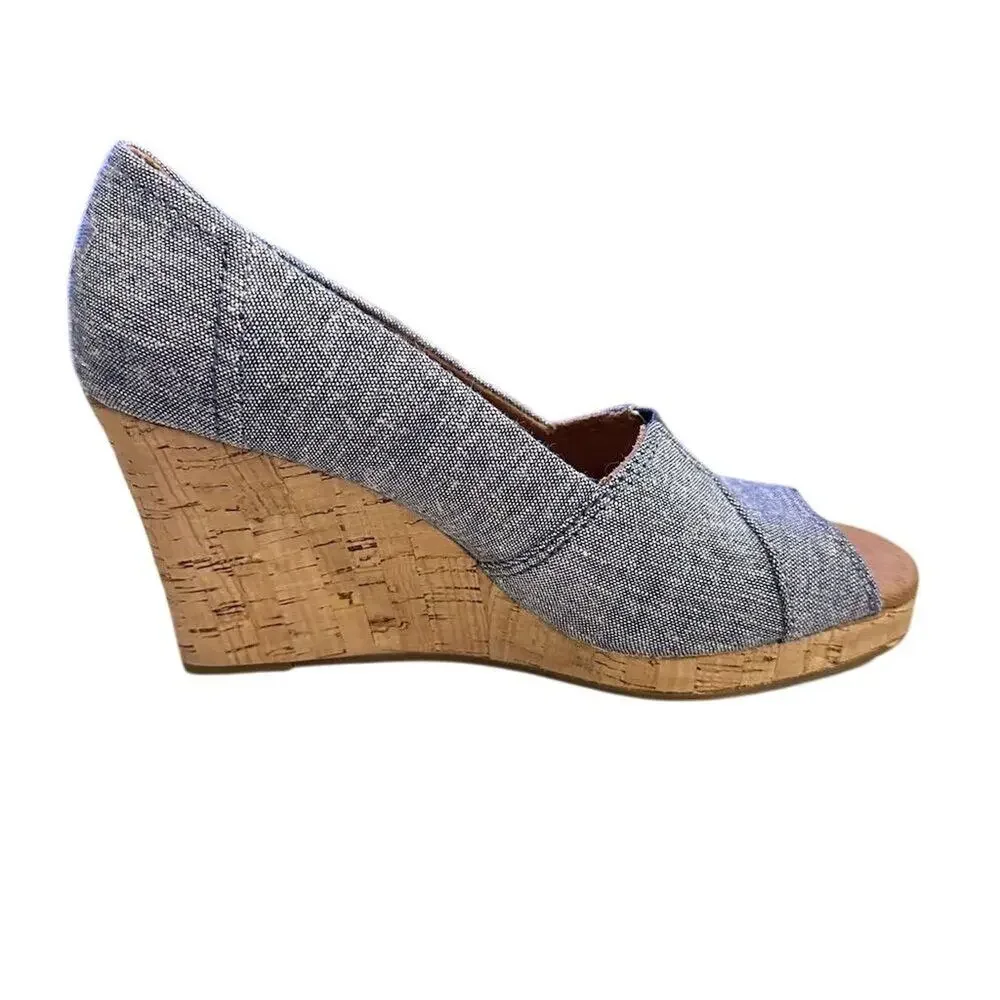 TOMS Women's Blue Chambray Wedge Slip-On Peep Toe‎ Heels Casual size 6 - Picture 6 of 13